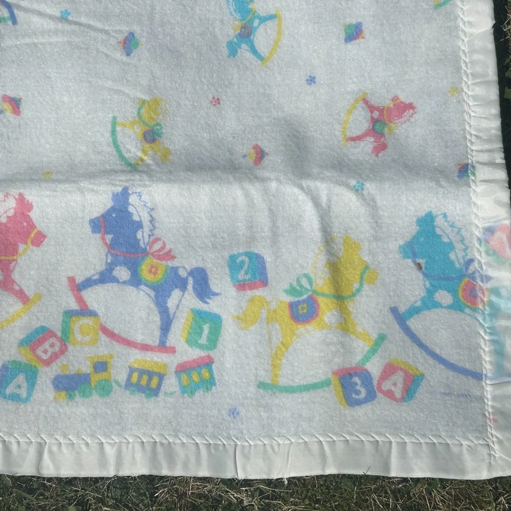 Vintage 1987 Baby Blanket Rocking Horse Soft Care Large Satin Trim White Pink